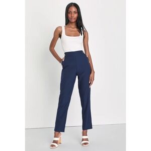 Lulu's Composed Charm Navy Blue Slim Fit High-Waisted Trousers Pants, Size M
